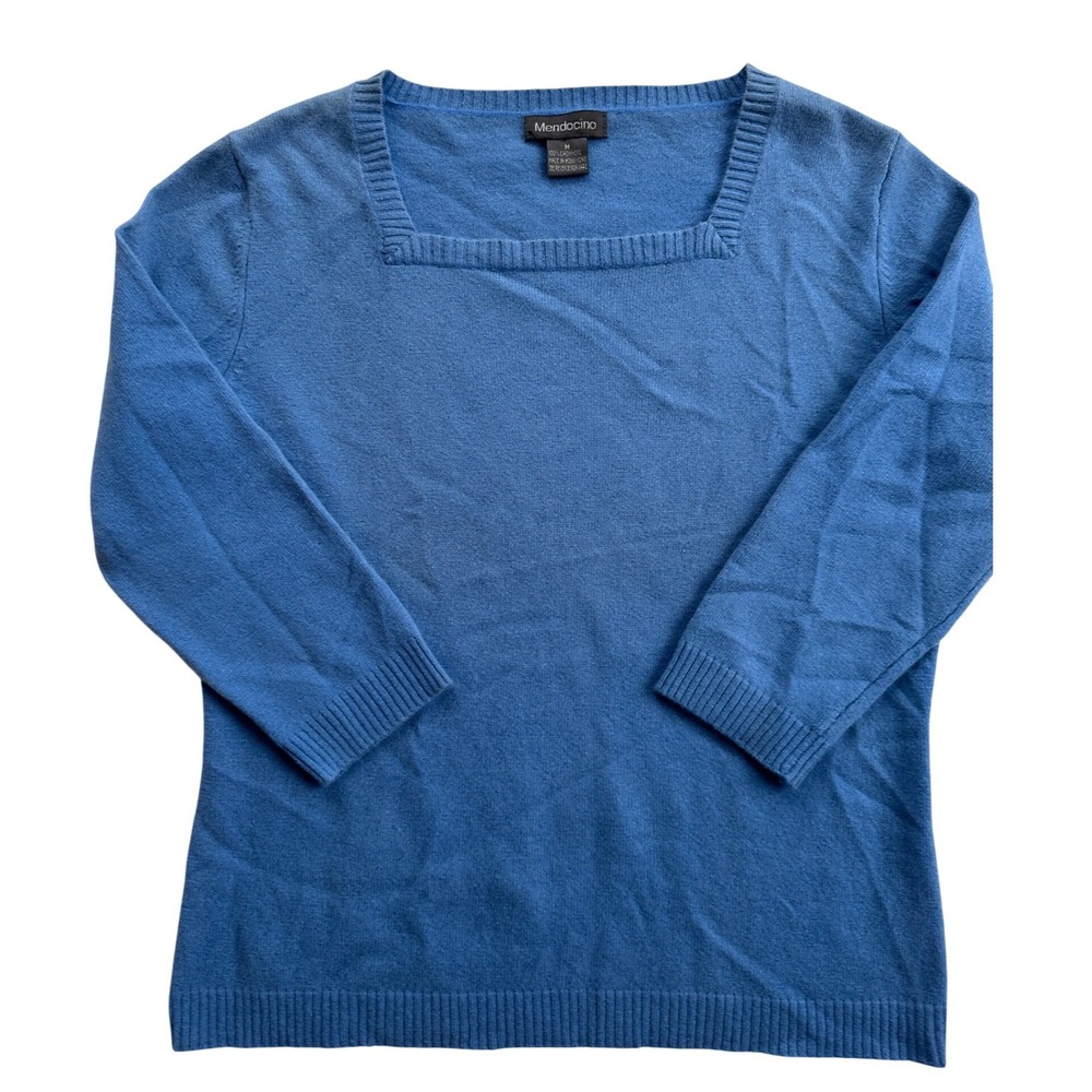 Mendocino Cashmere Sweater Women Medium Blue Excellent Square Neck 3/4 Sleeve